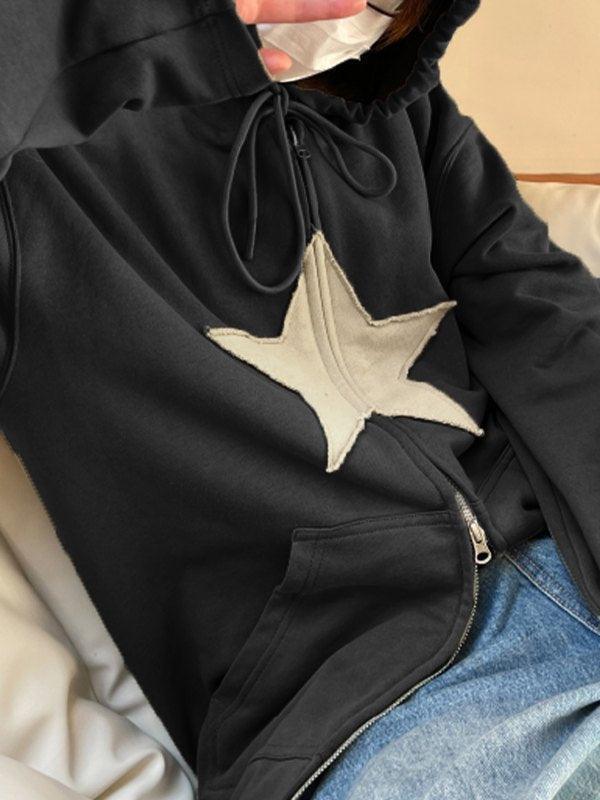 Vintage Star Patch Baggy Zip Up Hoodie - AnotherChill