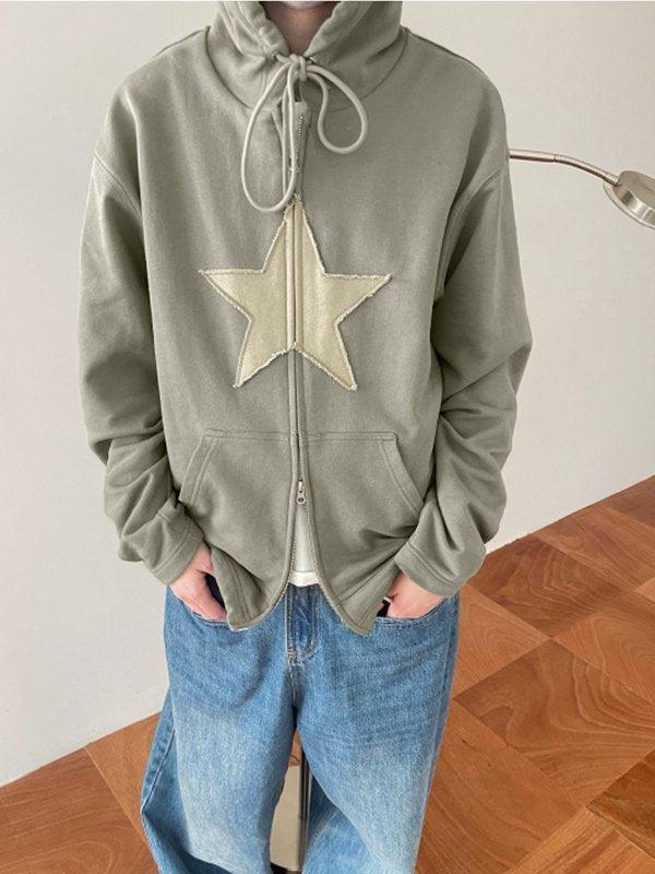 Vintage Star Patch Baggy Zip Up Hoodie - AnotherChill