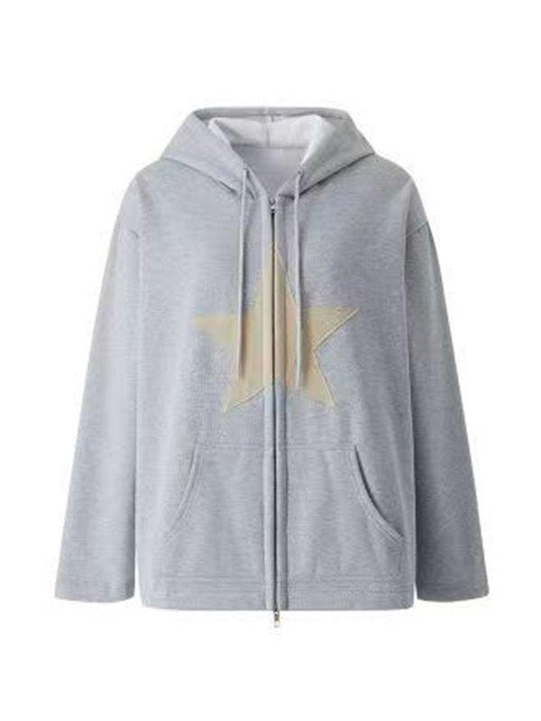 Vintage Star Patch Baggy Zip Up Hoodie - AnotherChill