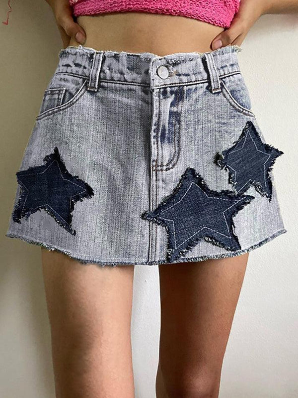 Vintage Star Patch Denim Mini Skirts - AnotherChill