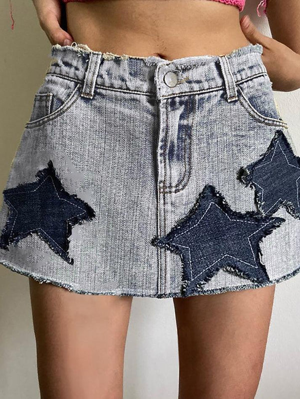 Vintage Star Patch Denim Mini Skirts - AnotherChill
