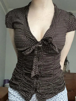 Vintage Tie Bow Polka Dot Button-Up Top - AnotherChill