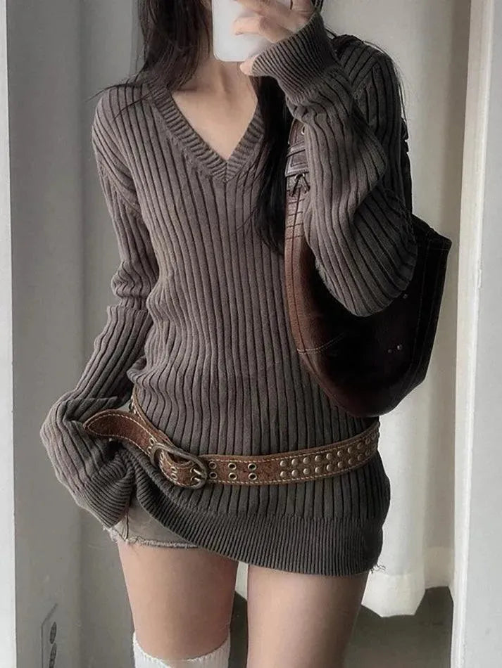 Vintage V-Neck Striped Long Sleeve Sweater - AnotherChill