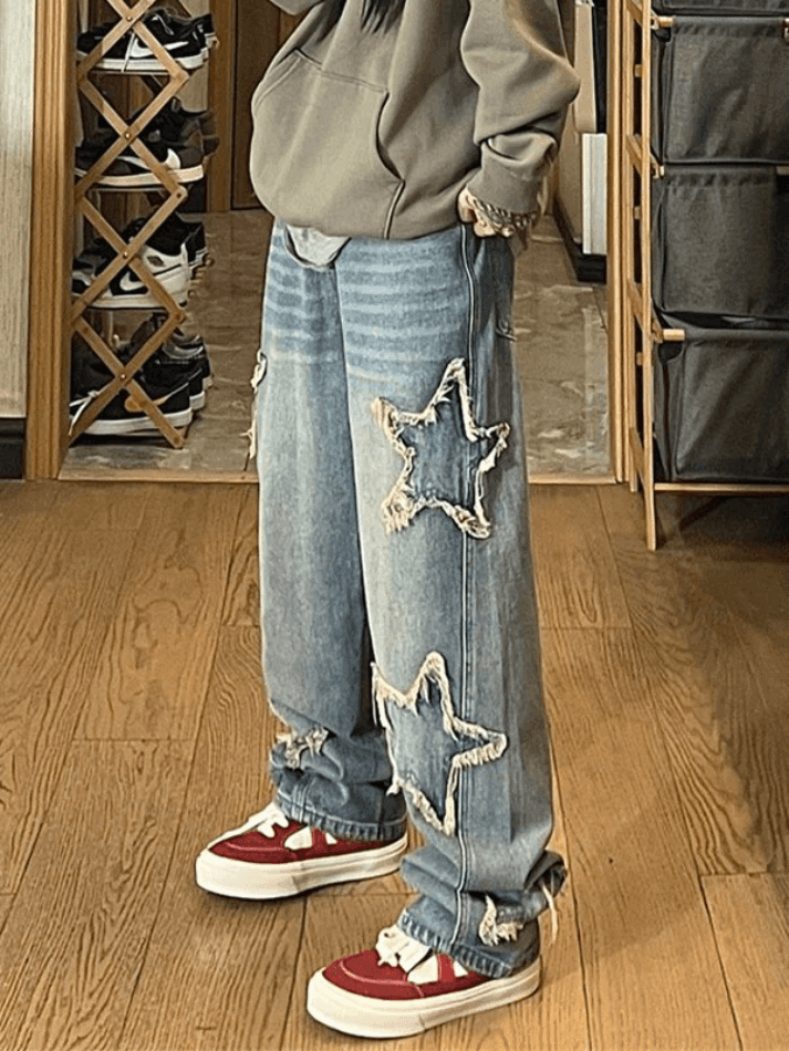 Vintage Wash Distressed Star Patch Boyfriend Jeans - AnotherChill