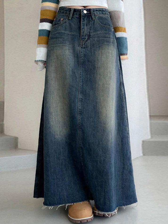 Vintage Washed Denim Maxi Skirt - AnotherChill