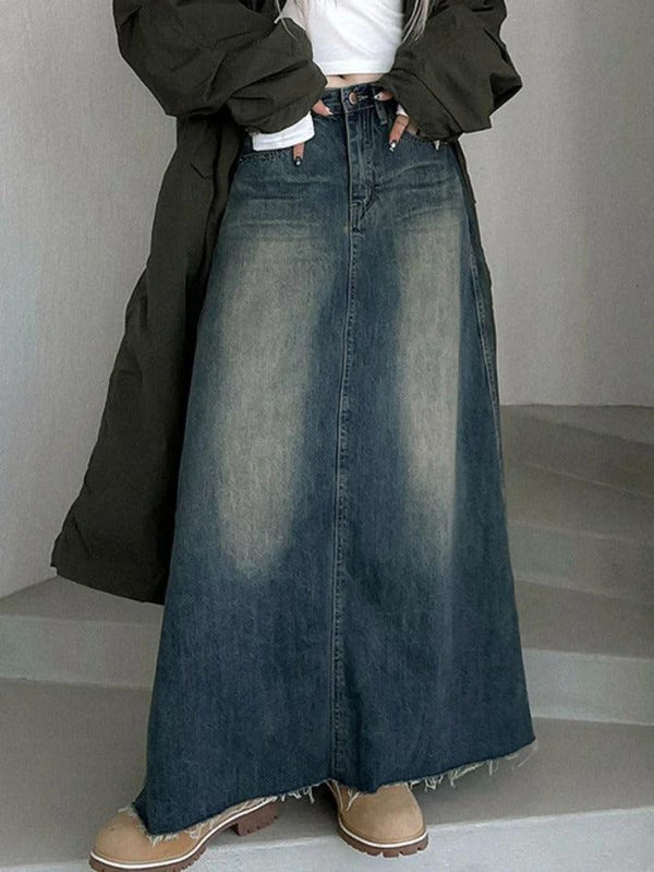 Vintage Washed Denim Maxi Skirt - AnotherChill