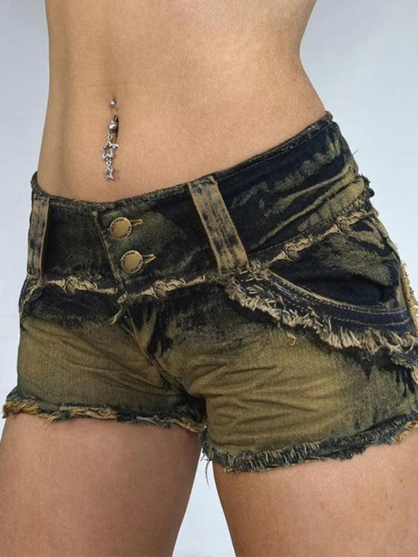 Washed Distressed Low Waist Raw Edge Denim Shorts - AnotherChill