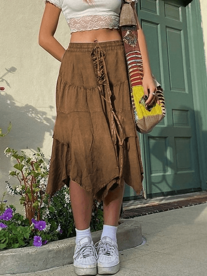 Washed Irregular Lace Up Midi Skirt - AnotherChill