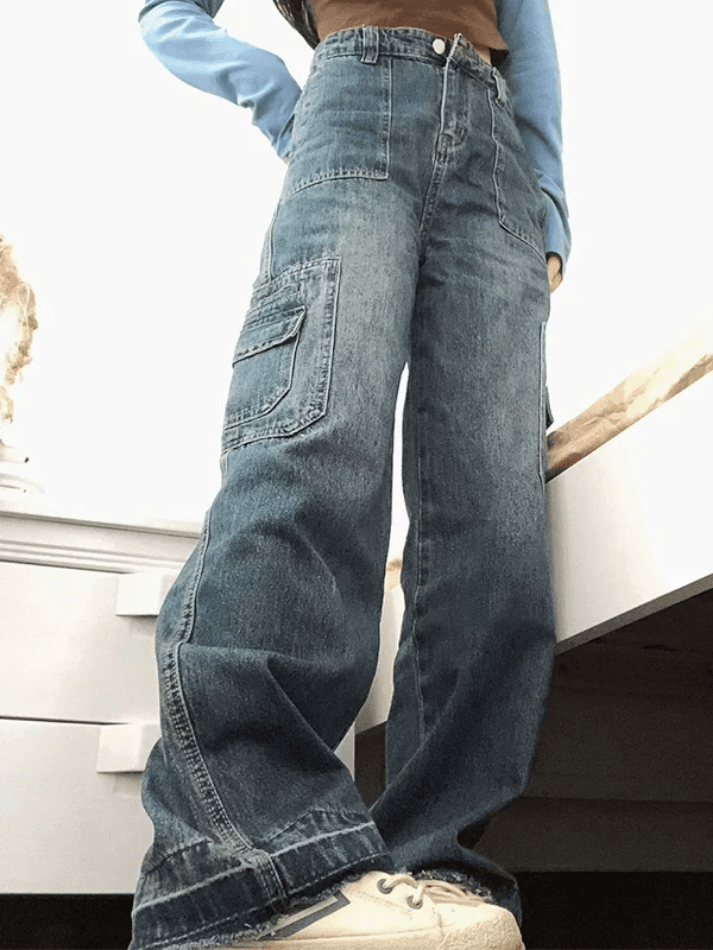 Washed Pocket Patchwork Cargo Boyfriend Jeans - AnotherChill