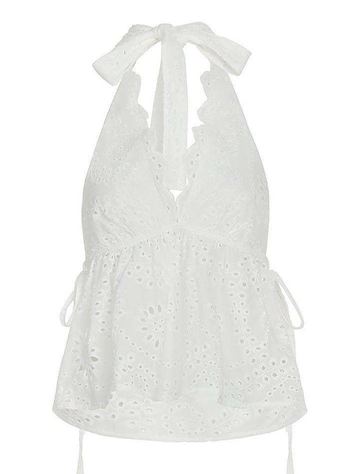 White Jacquard Hollow-Out Lace Halter Tank Top - AnotherChill