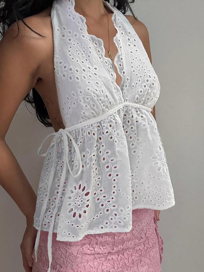 White Jacquard Hollow-Out Lace Halter Tank Top - AnotherChill