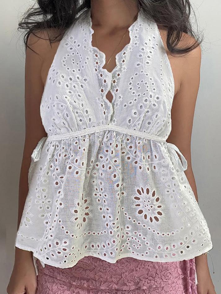 White Jacquard Hollow-Out Lace Halter Tank Top - AnotherChill