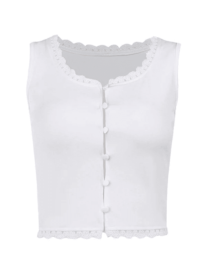 White Lace Trim Button Front Tank Top - AnotherChill