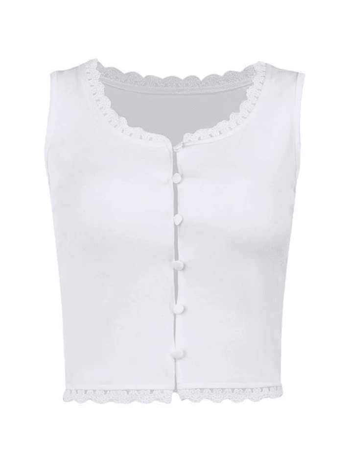 White Lace Trim Button Front Tank Top - AnotherChill