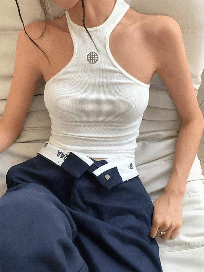 White Logo Ribbed Cropped Tank Top - AnotherChill