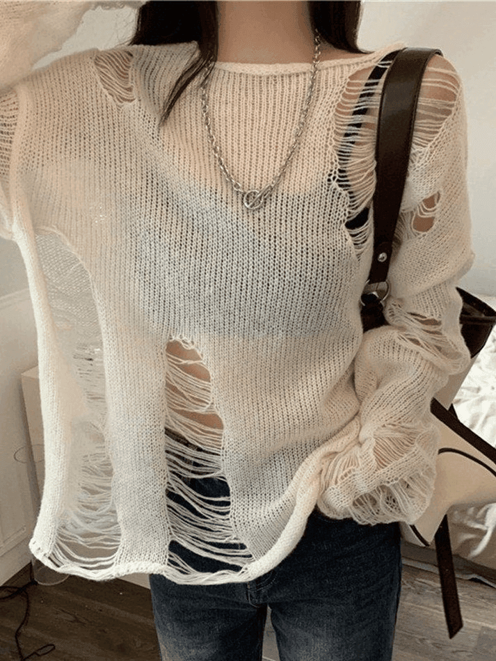 White Long Sleeve Distressed Knit Top - AnotherChill