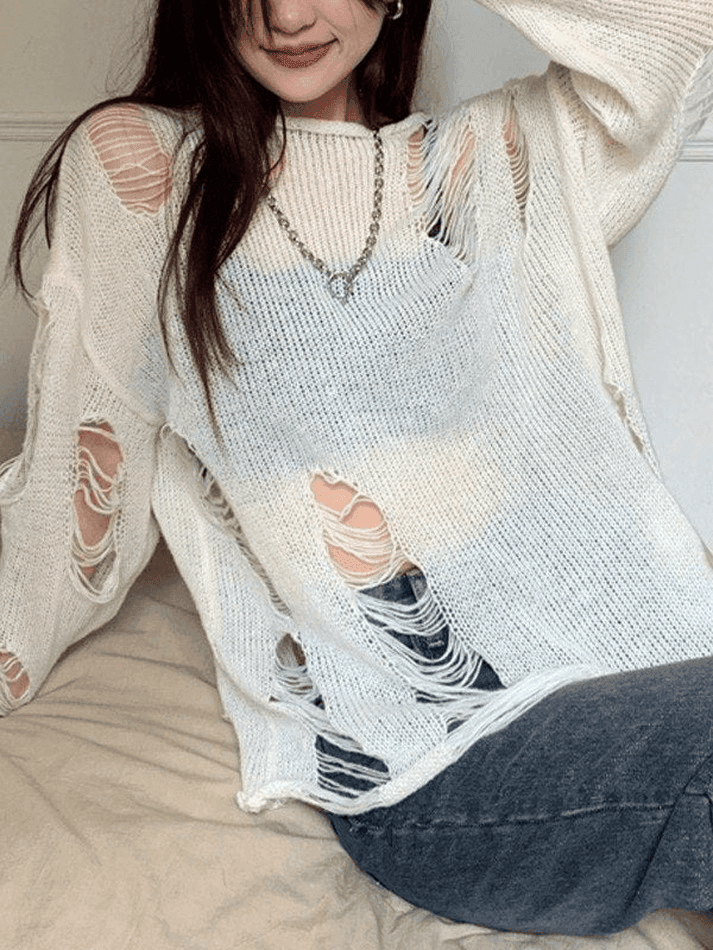 White Long Sleeve Distressed Knit Top - AnotherChill