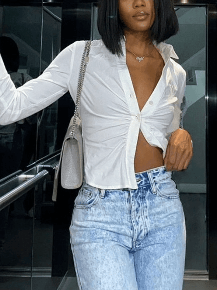 White Ruched Cropped Long Sleeve Blouse - AnotherChill