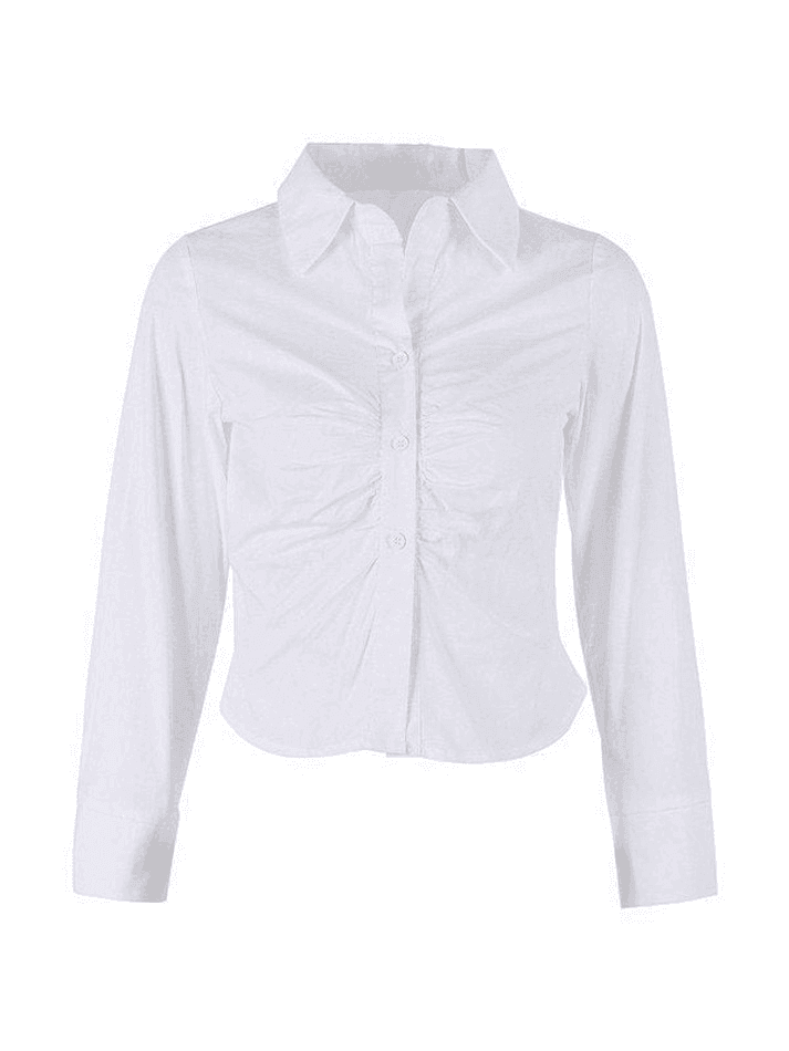 White Ruched Cropped Long Sleeve Blouse - AnotherChill