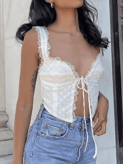 White Tie Front Lace Cropped Tank Top - AnotherChill