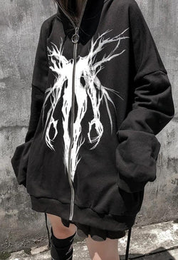 Zipper Gothic Print Oversized Hoodie - AnotherChill