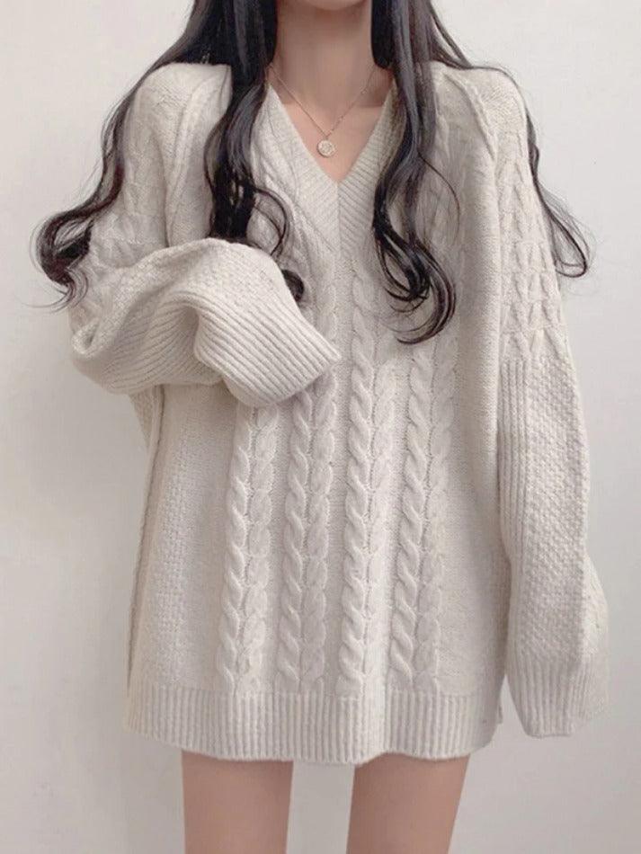 Solid Color V Neck Cable Knit Sweater - AnotherChill