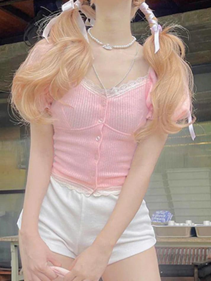 Puff Sleeve Pink Slim Short Sleeve Knits - AnotherChill