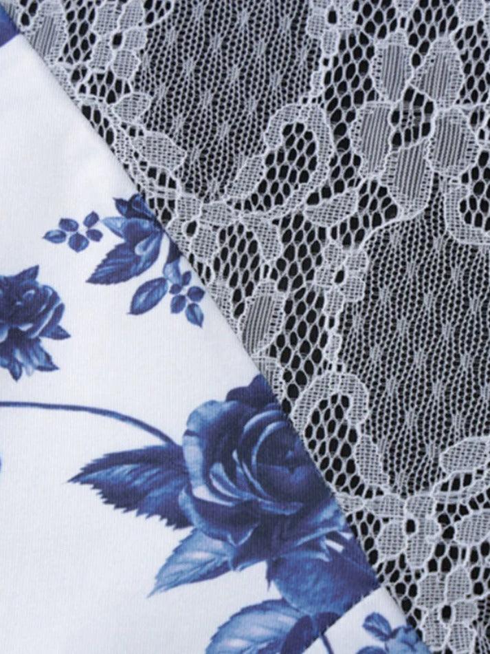 Ditsy Floral Print Splice Lace Split V Neck Mini Dress - AnotherChill