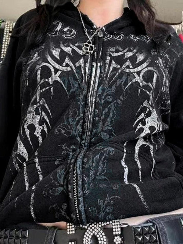 Gothic Print Zip Up Oversized Hoodie - AnotherChill