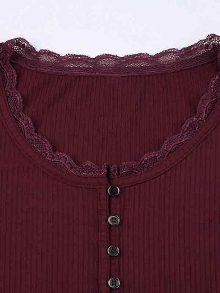 Solid Lace Trim Breasted Long Sleeve Knit - AnotherChill