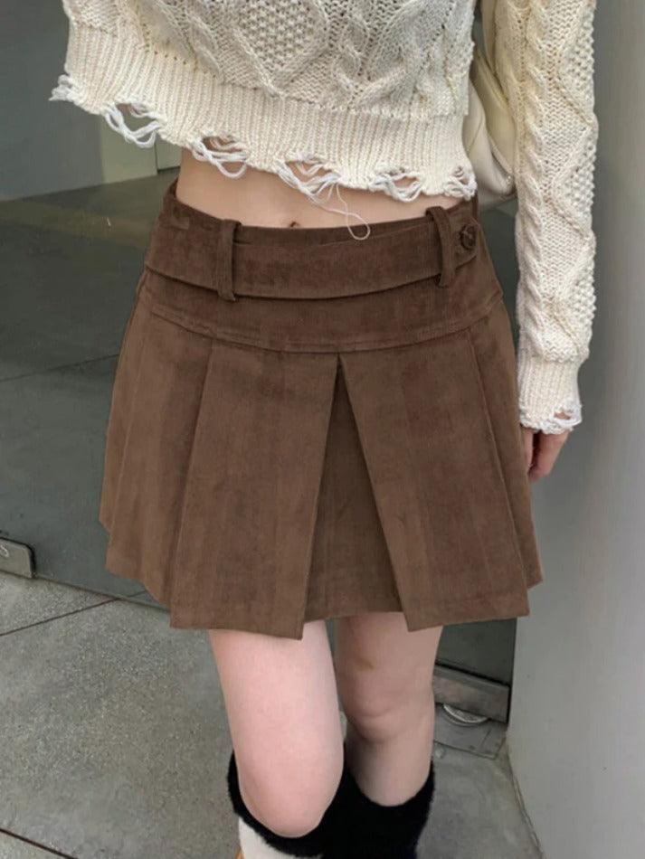 Vintage Brown Corduroy Belted Pleated Mini Skirt - AnotherChill