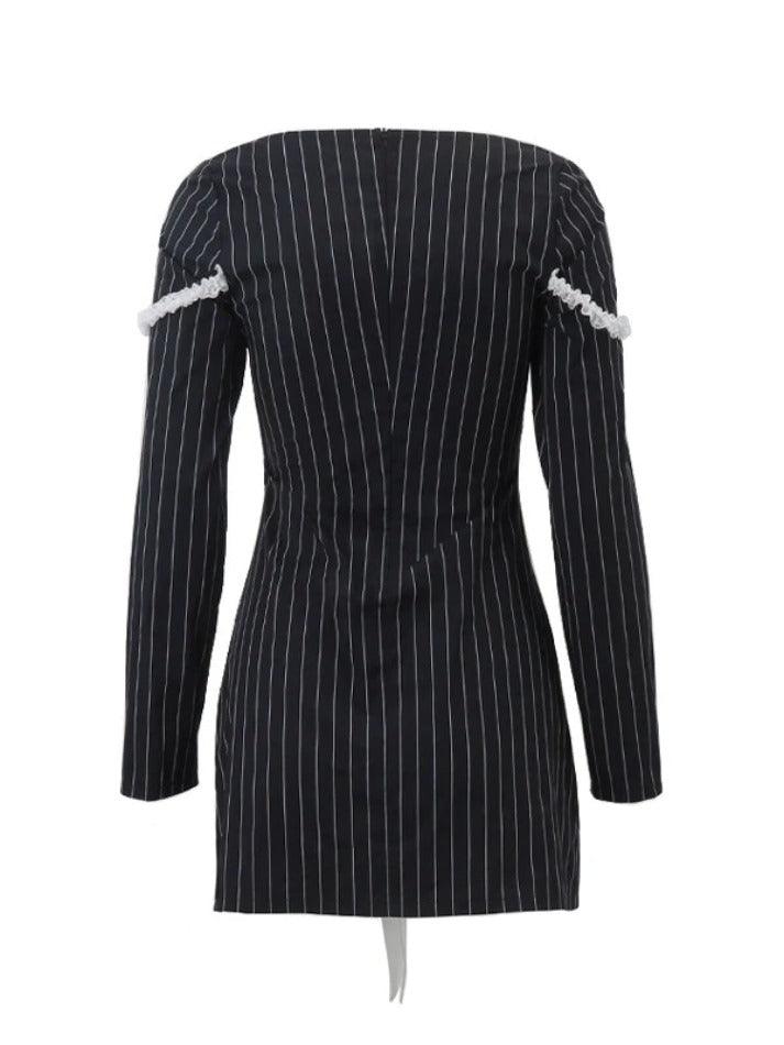 French Square Neck Bow Lace Up Pinstripe Mini Dress - AnotherChill