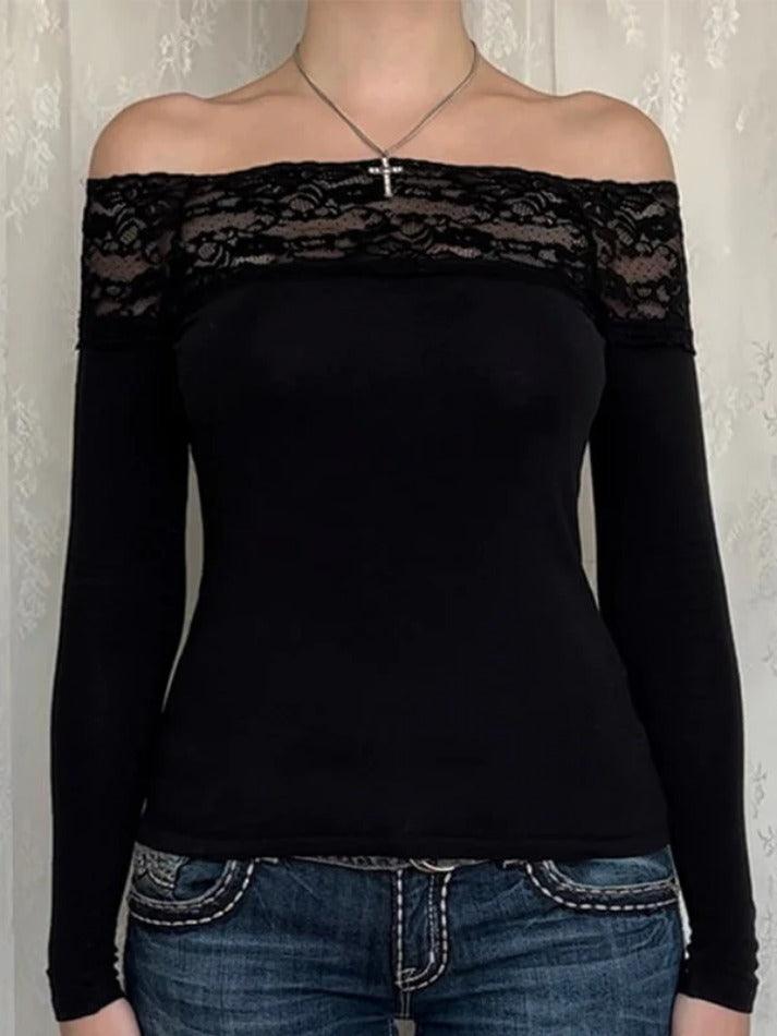 Lace Splice Off Shoulder Long Sleeve Tee - AnotherChill