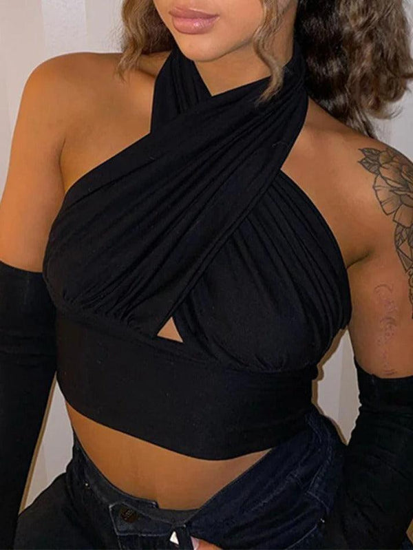 Solid Backless Cropped Halter Vest - AnotherChill