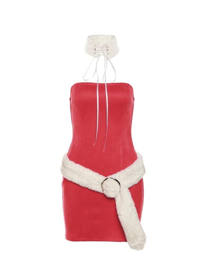 Solid Bandeau With Fuzzy Belted Choker Mini Dress - AnotherChill