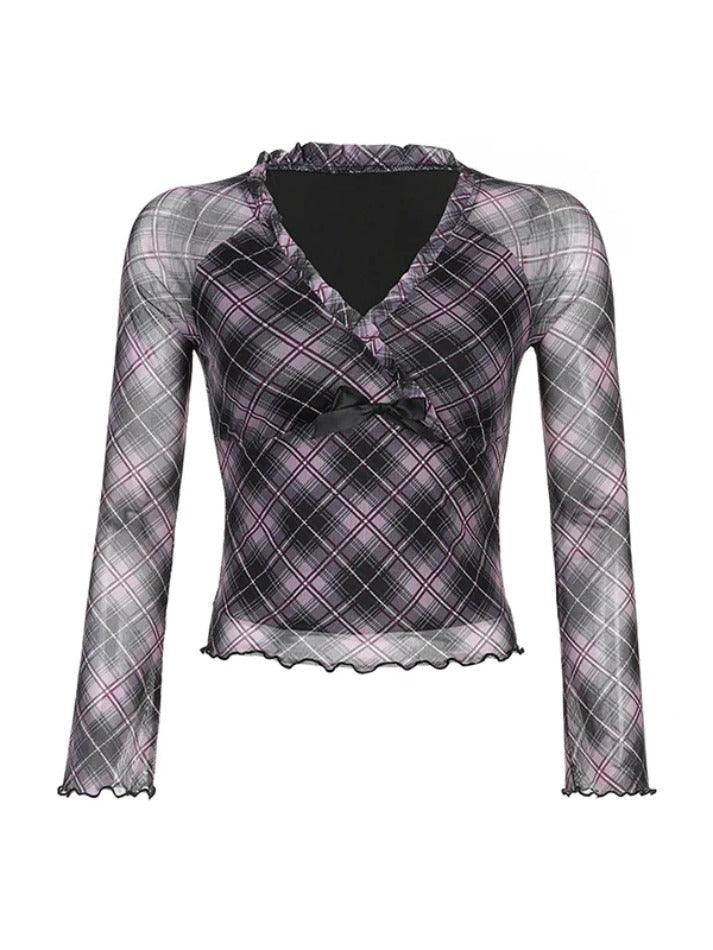 V Neck Plaid Mesh Bow Decor Long Sleeve Tee - AnotherChill