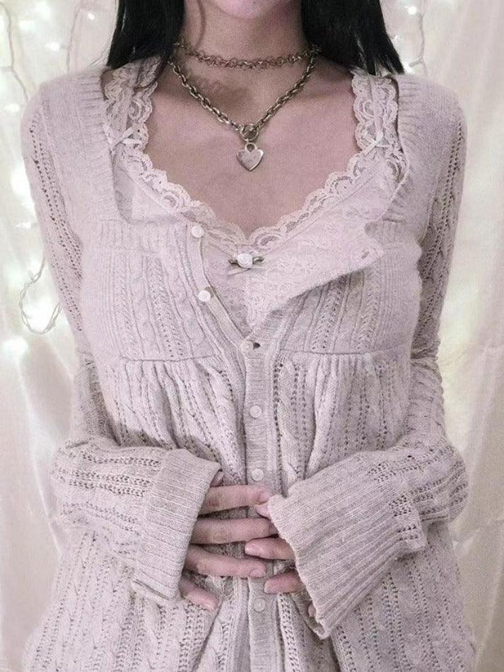 Solid Pointelle Square Neck Knit Cardigan - AnotherChill