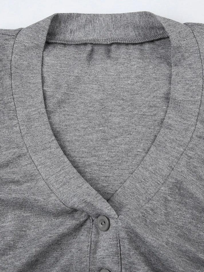 Solid Ruched V Neck Long Sleeve Tee - AnotherChill