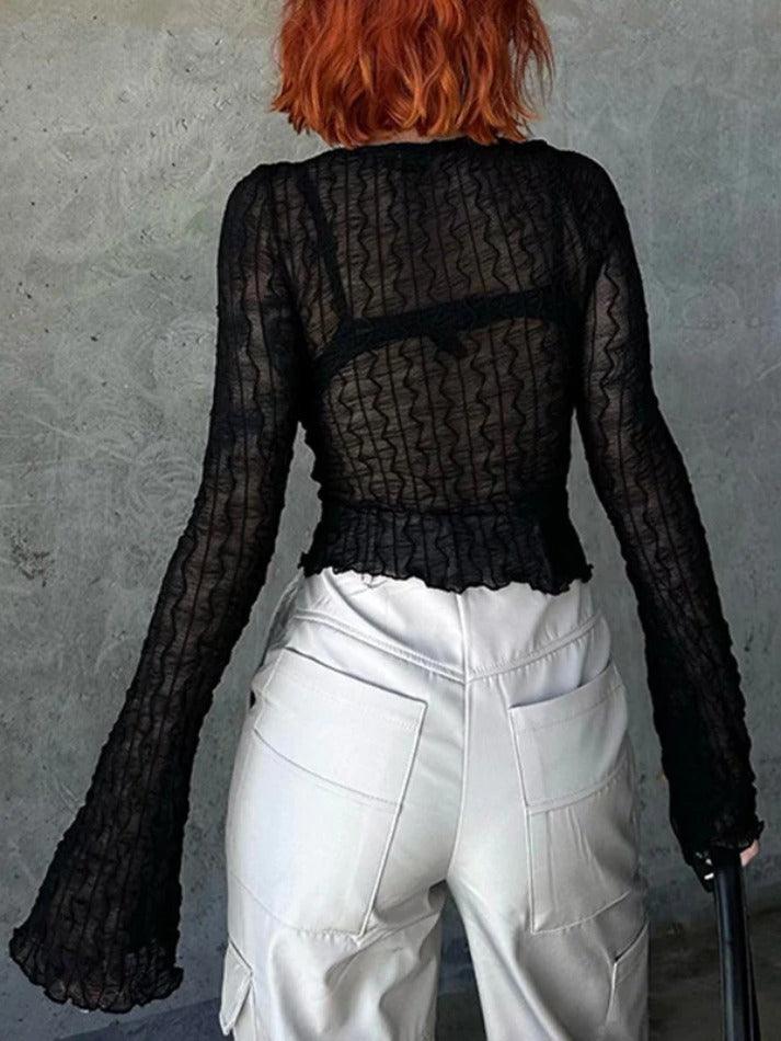 Perspective Mesh Lace Up Long Sleeve Blouse - AnotherChill
