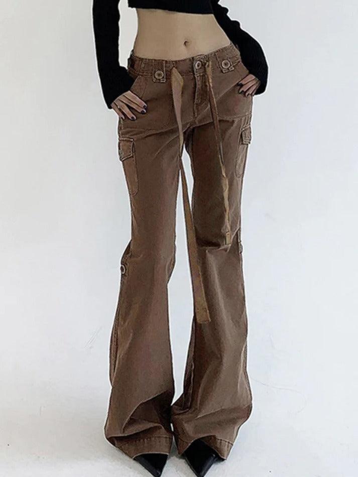 Vintage Brown Button Lace Up Flare Jeans - AnotherChill