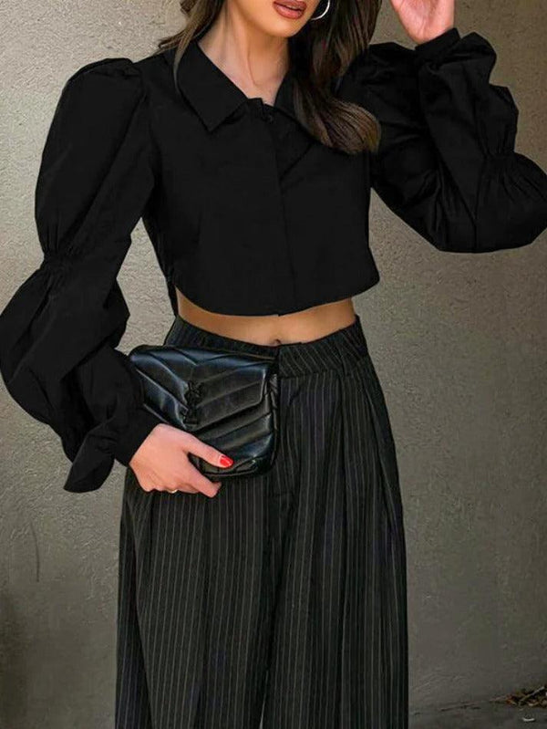 Solid Puff Sleeve Cropped Loose Long Sleeve Blouse - AnotherChill
