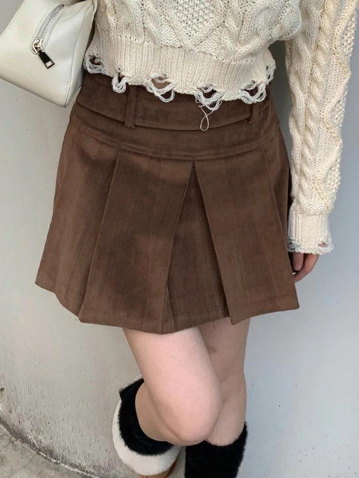 Vintage Brown Corduroy Belted Pleated Mini Skirt - AnotherChill