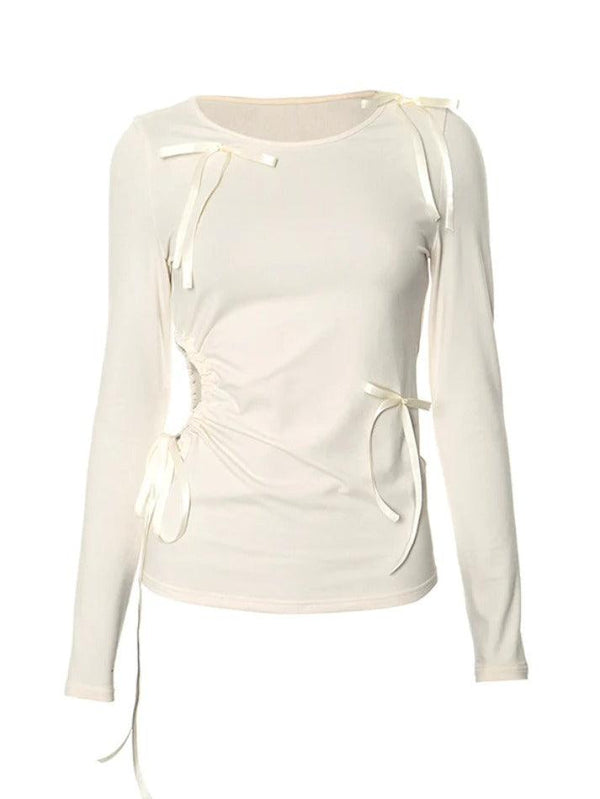 Bow Decor Cutout Ruched Long Sleeve Tee - AnotherChill