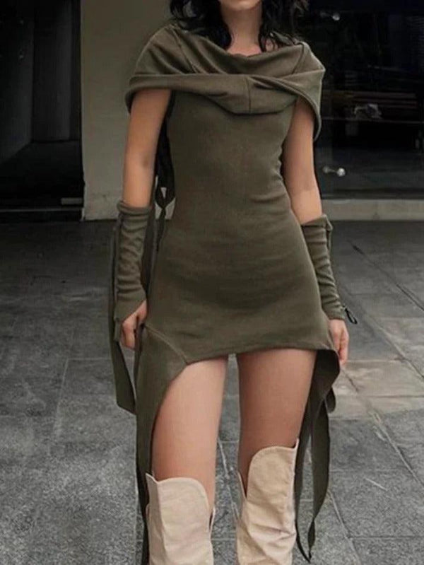 Hooded Stacked Irregular Hem With Sleeve Mini Dress - AnotherChill
