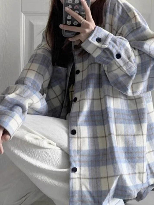 Vintage Plaid Print Brushed Long Sleeve Blouse - AnotherChill