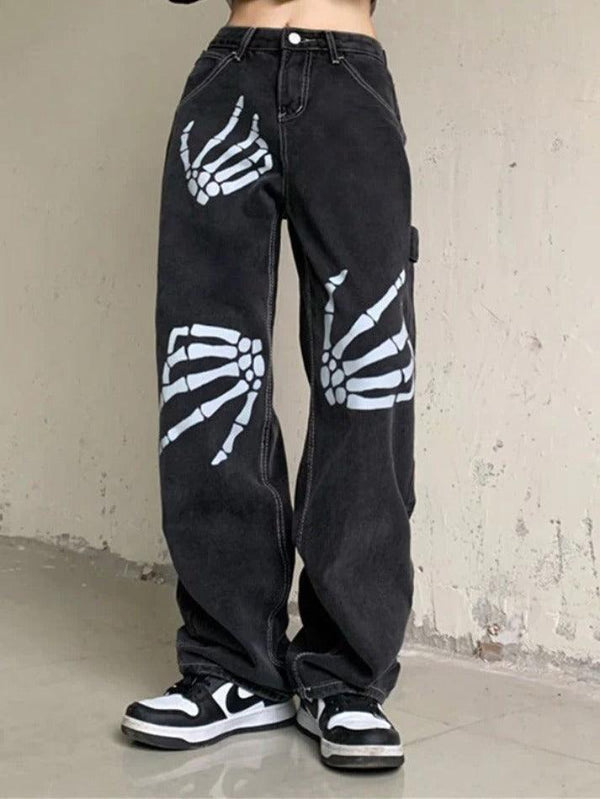 Hand Skeleton Print Boyfriend Jeans - AnotherChill