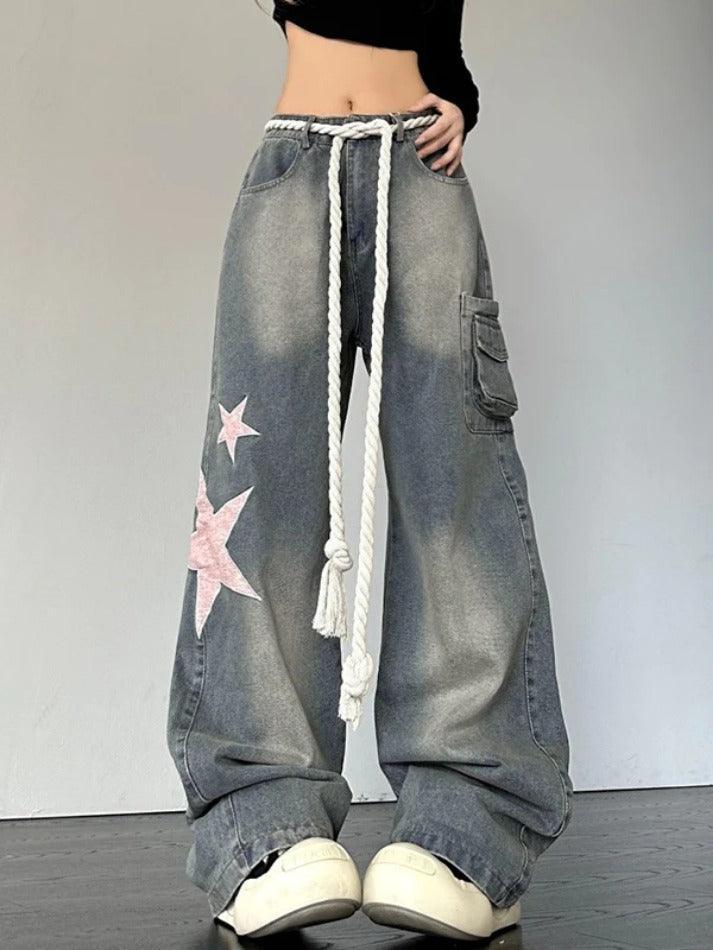 Vintage Star Patch Print Boyfriend Jeans - AnotherChill