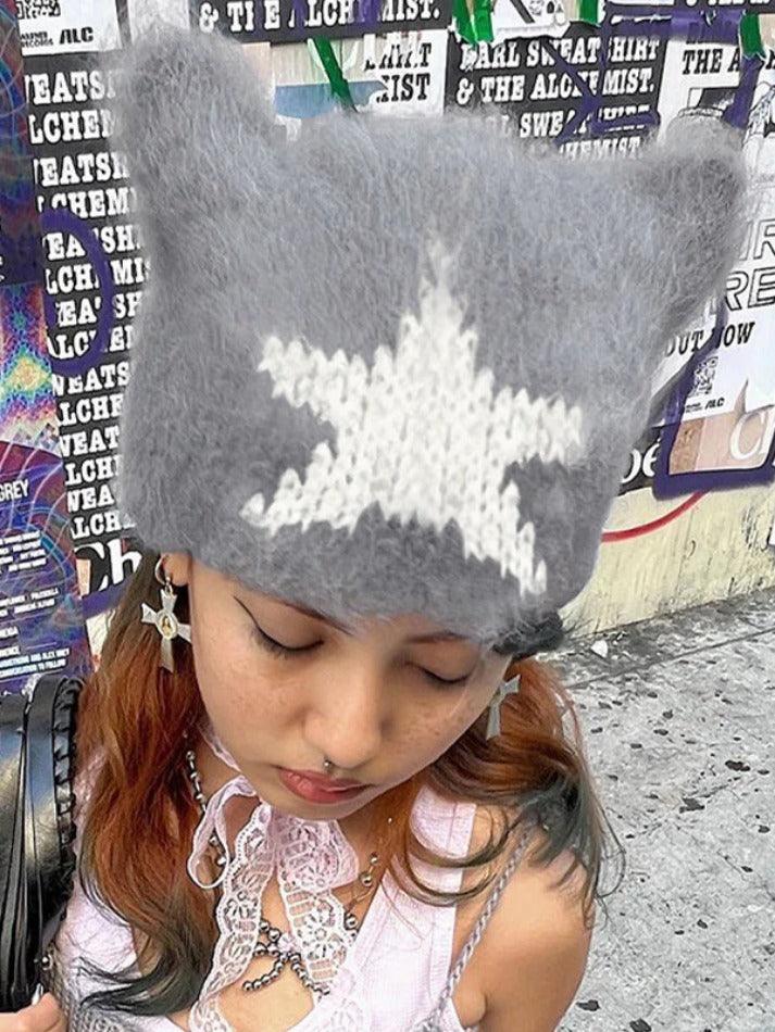 Contrast Color Star Cat Ear Styling Beanie Hat - AnotherChill