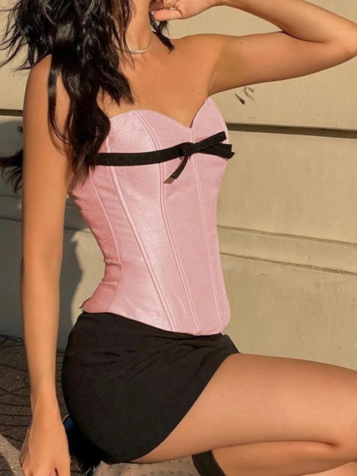 Satin Contrast Bow Corset Tie Back Bandeau Top - AnotherChill