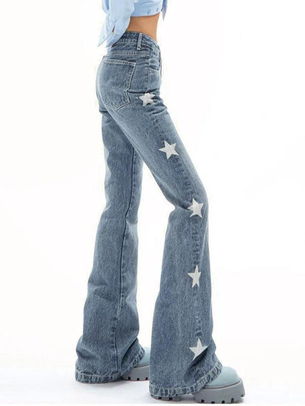 Vintage Star Print High Rise Flare Jeans - AnotherChill